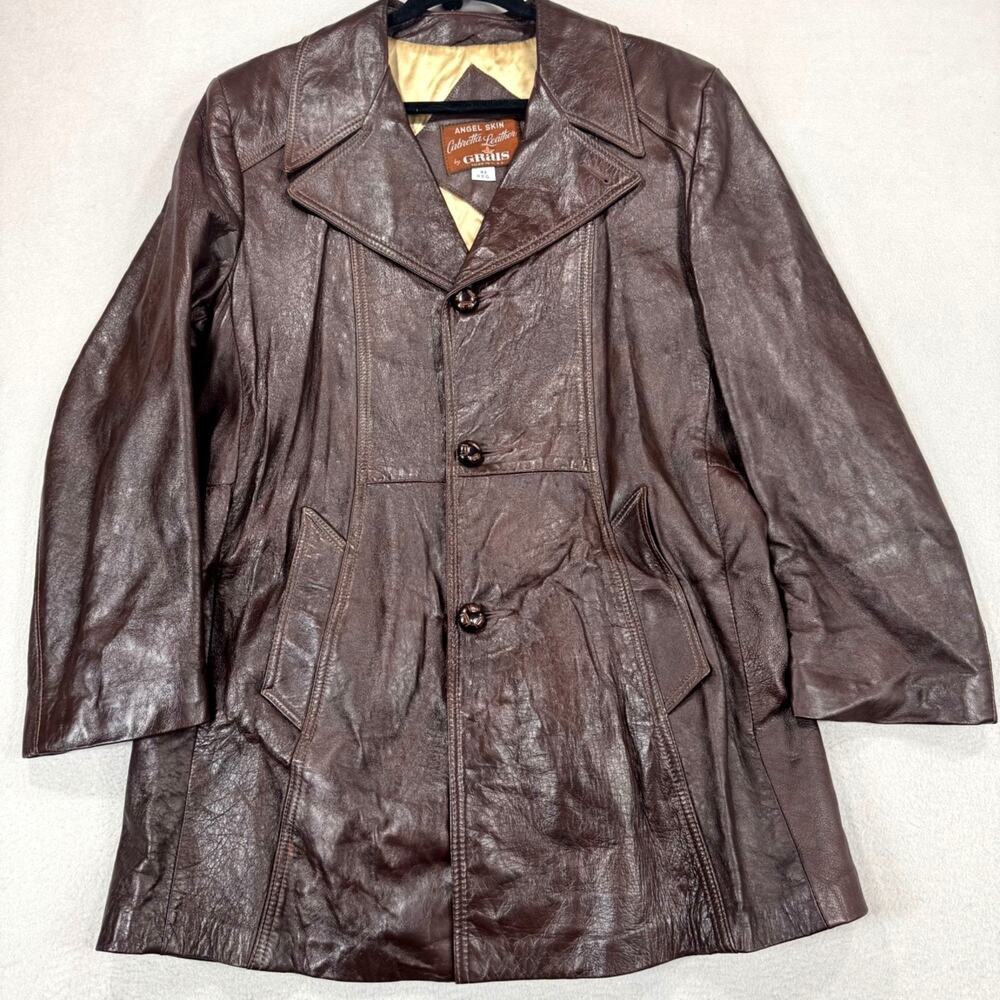 Vintage 70's Grais Angel Skin Cabretta Leather Coat Mens 42 Brown USA Made
